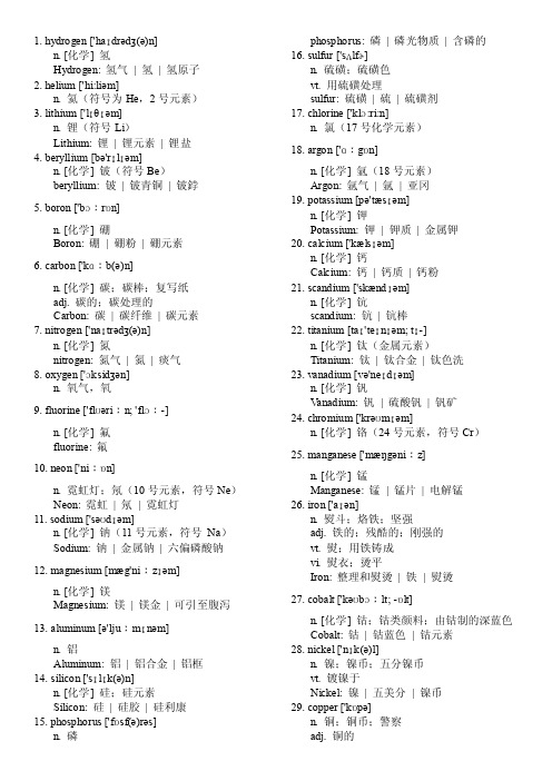 常见无机化学元素周期表元素单词中英对照专业英语