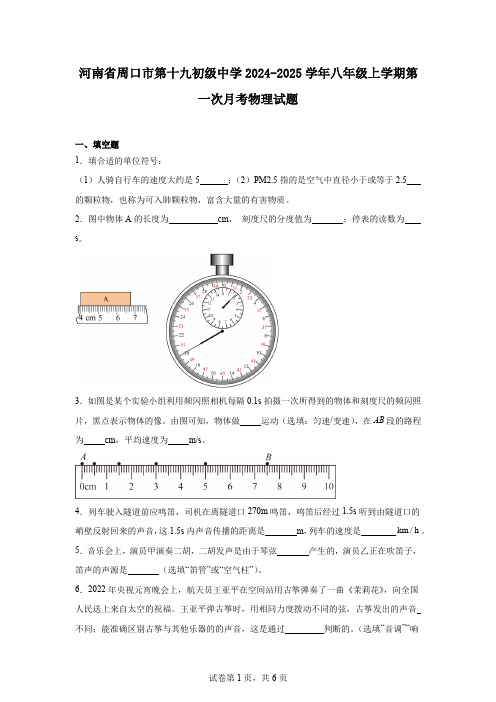 河南省周口市第十九初级中学2024-2025学年八年级上学期第一次月考物理试题