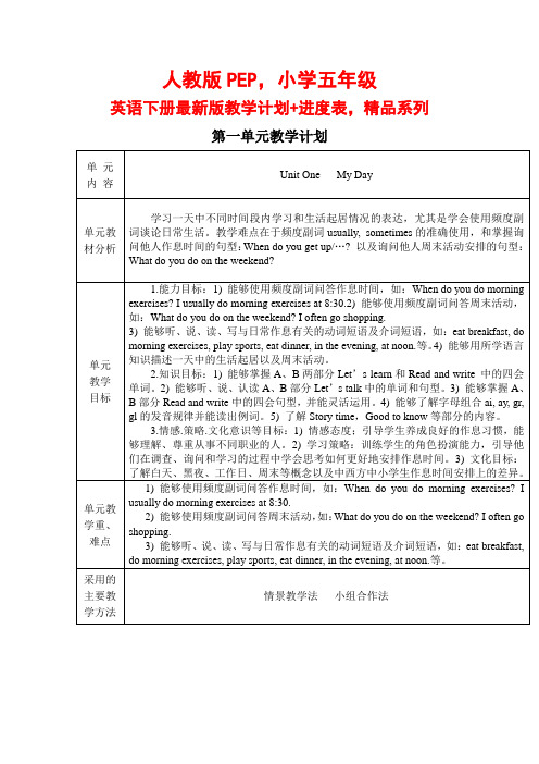 人教版PEP,小学五年级英语下册最新版教学计划+进度表,精品系列