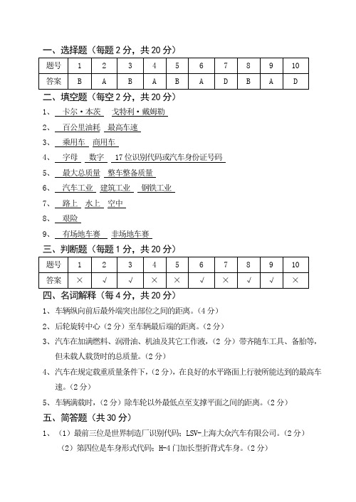 《汽车概论》试卷(B)参考答案及评分标准