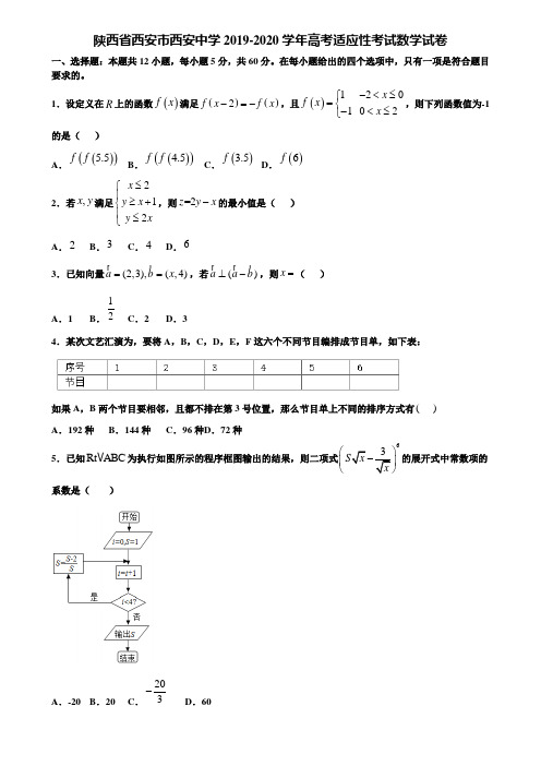 陕西省西安市西安中学2019-2020学年高考适应性考试数学试卷含解析《加15套高考模拟卷》