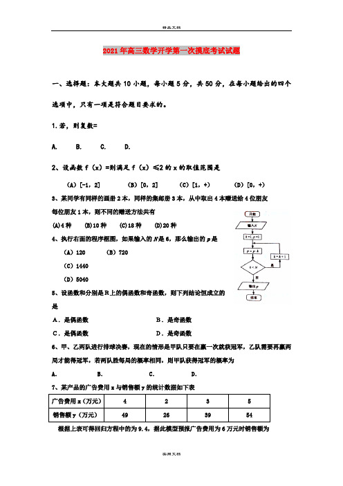 2021年高三数学开学第一次摸底考试试题