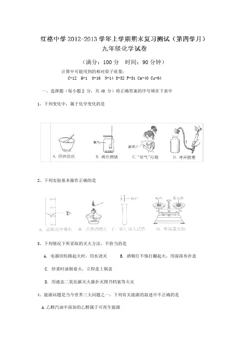 四川省盐边县红格中学2013届九年级上学期期末复习(第四学月)测试化学试题(无答案)