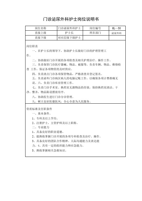 门诊泌尿外科护士岗位说明书