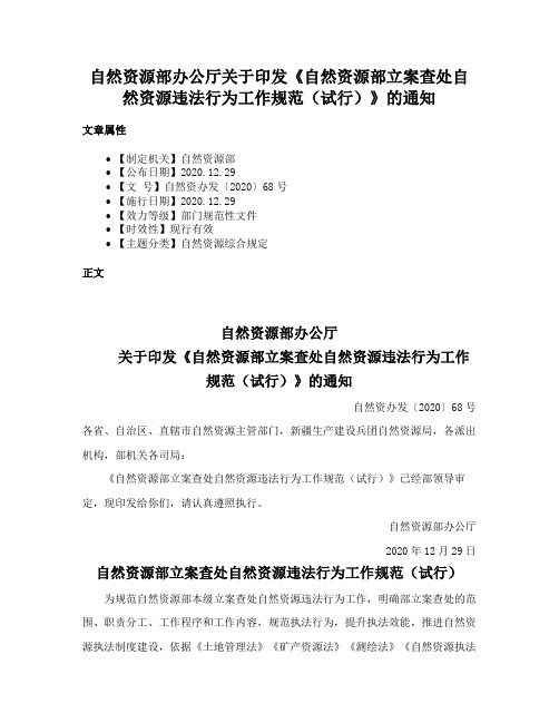 自然资源部办公厅关于印发《自然资源部立案查处自然资源违法行为工作规范（试行）》的通知