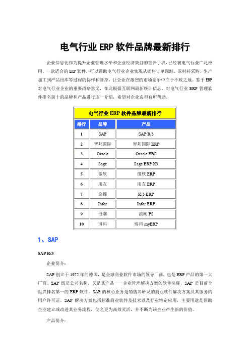 电气行业ERP软件品牌排行