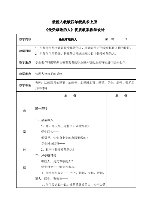 最新人教版四年级美术上册《最受尊敬的人》优质教案教学设计