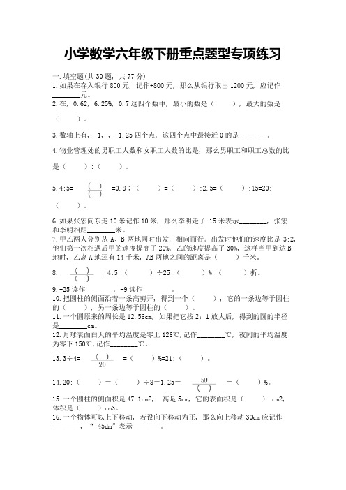 小学数学六年级下册重点题型专项练习带答案【最新】