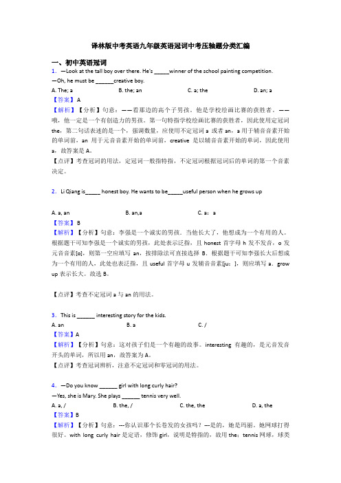 译林版中考英语九年级英语冠词中考压轴题分类汇编