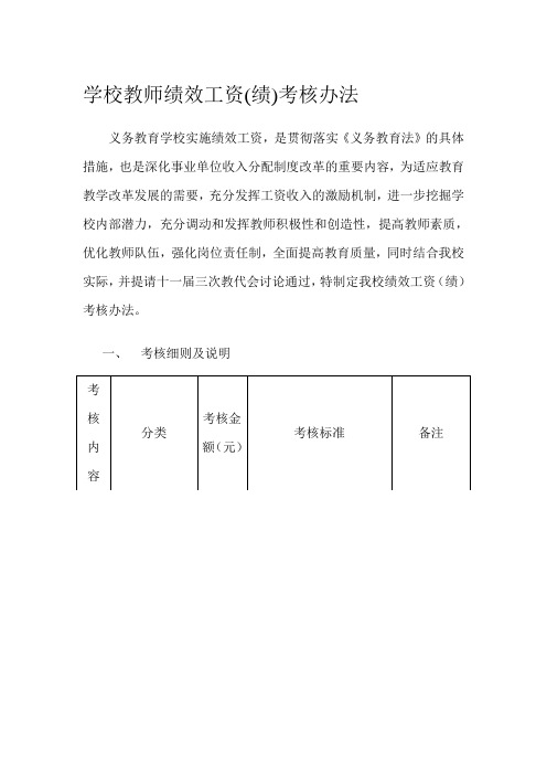 学校教师绩效工资(绩)考核办法