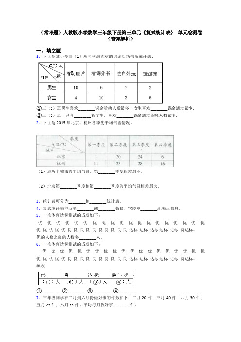 (常考题)人教版小学数学三年级下册第三单元《复式统计表》 单元检测卷(答案解析)