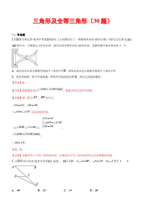 三角形及全等三角形(共30题)：2023年中考数学真题分项汇编(全国通用)(解析版)