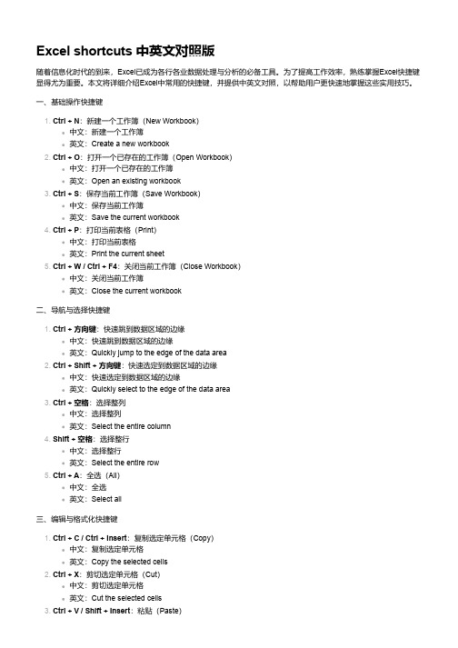 excel shortcuts 中英文对照版