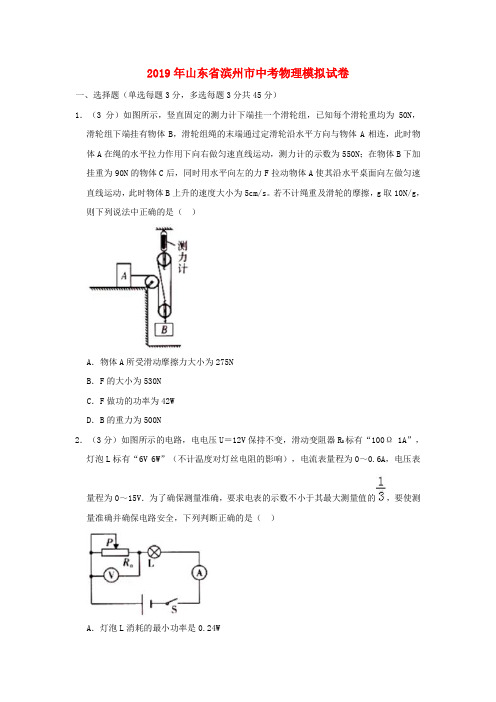 山东省滨州市2019年中考物理模拟试卷(含解析)