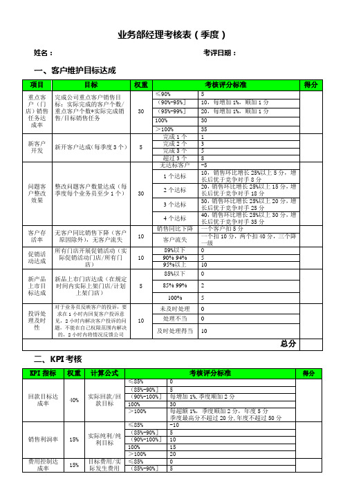 业务部经理考核表(季度)