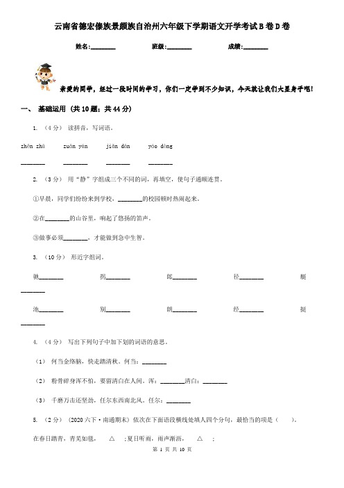 云南省德宏傣族景颇族自治州六年级下学期语文开学考试B卷D卷