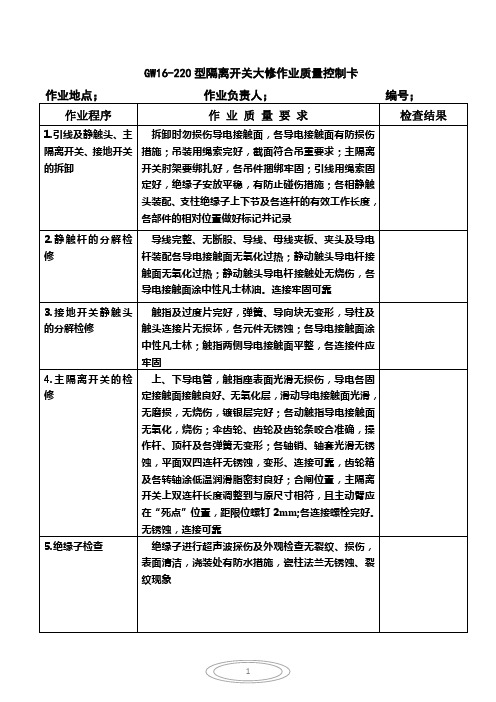 GW16-220型隔离开关大修作业质量控制卡