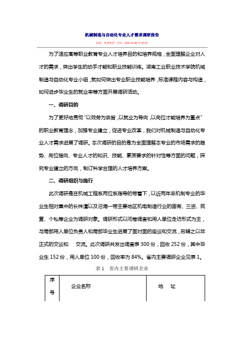 机械制造与自动化专业人才需求调研报告(湖南)