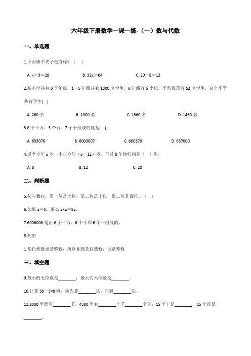 六年级下册数学一课一练(一)数与代数 冀教版(含答案)