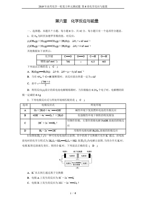 2019年高考化学一轮复习单元测试题 第6章化学反应与能量