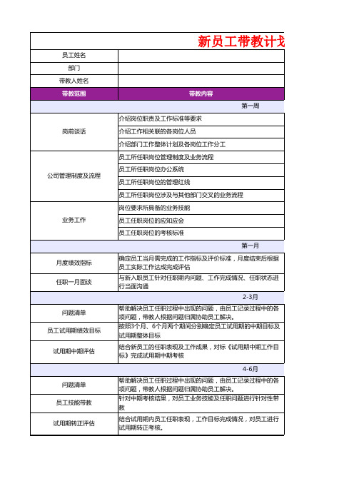 新员工带教计划表(人力部门)