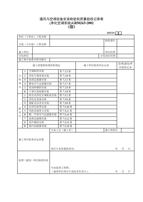 通风与空调设备安装检验批质量验收记录表