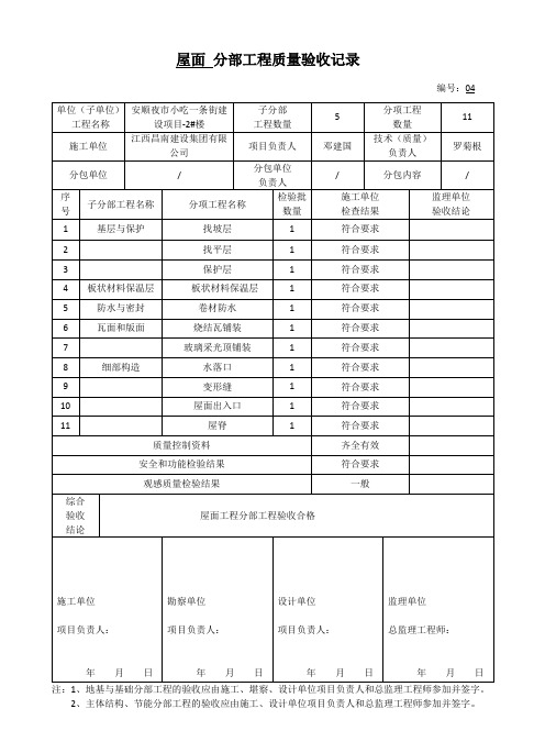 屋面工程分部工程质量验收记录表