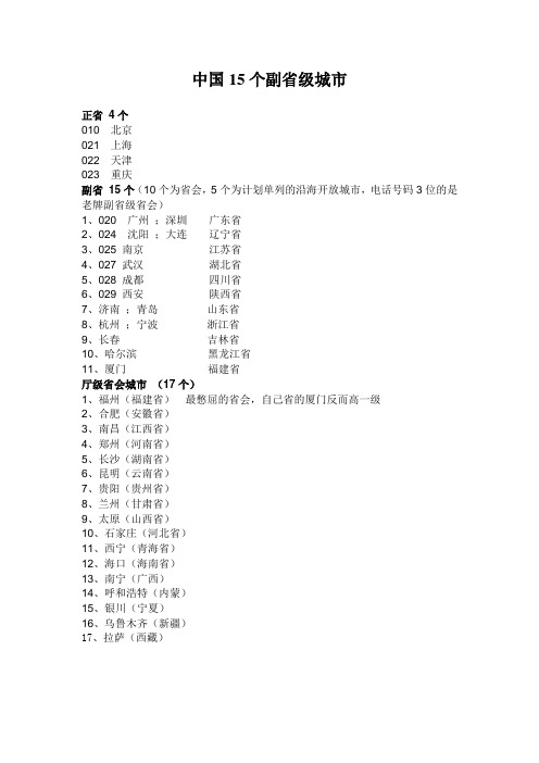 中国15个副省级城市