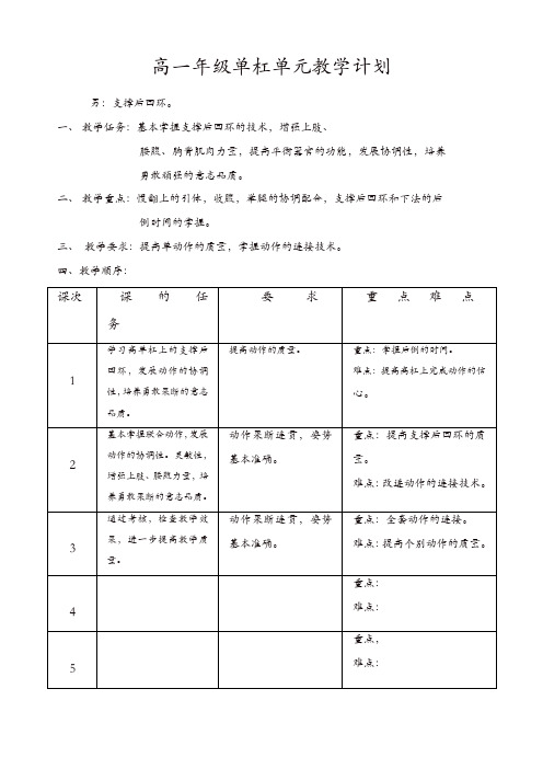 高中一年级体育与健康教案集(最新)：单杠单元教学计划