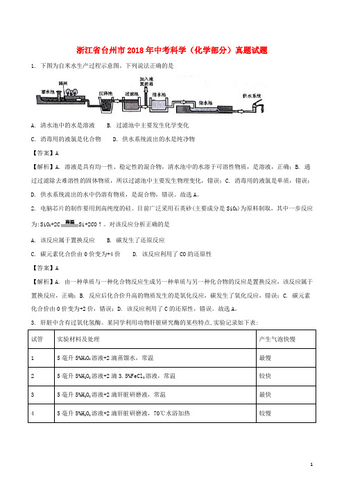 浙江省台州市中考科学(化学部分)真题试题(含解析)