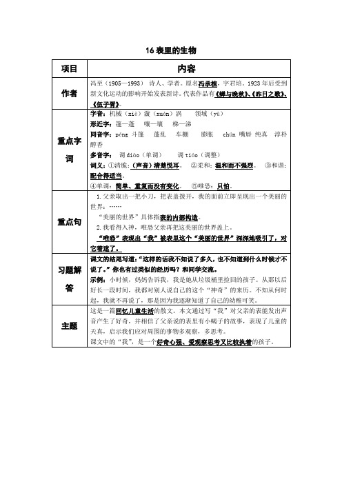 人教部编小学六下语文《表里的生物》课堂笔记