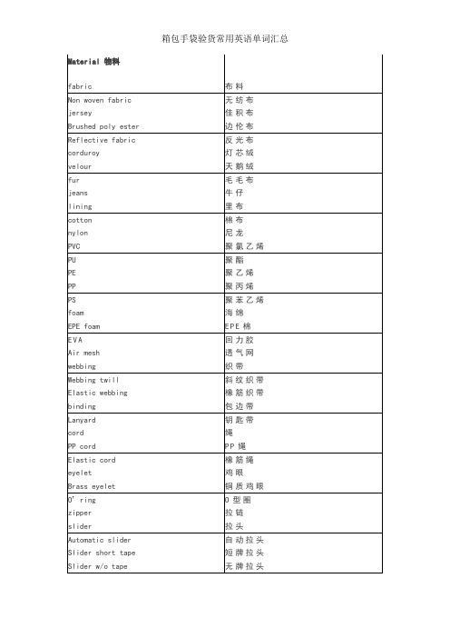 箱包手袋类验货常用单词汇总