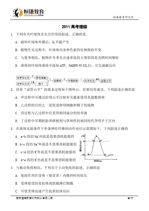 浙江理综精校版-2011普通高等学校招生统一考试