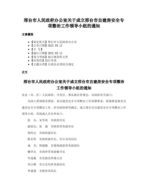 邢台市人民政府办公室关于成立邢台市自建房安全专项整治工作领导小组的通知