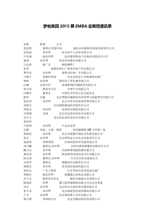 梦帆团体届EMBA总裁班通讯录