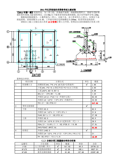 2011年江苏造价员资格考试真题(2014定额)