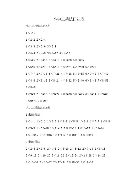 小学生乘法囗决表