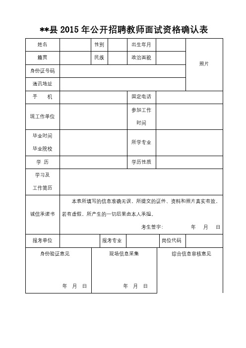 XX县2015年公开招聘教师面试资格确认表【模板】