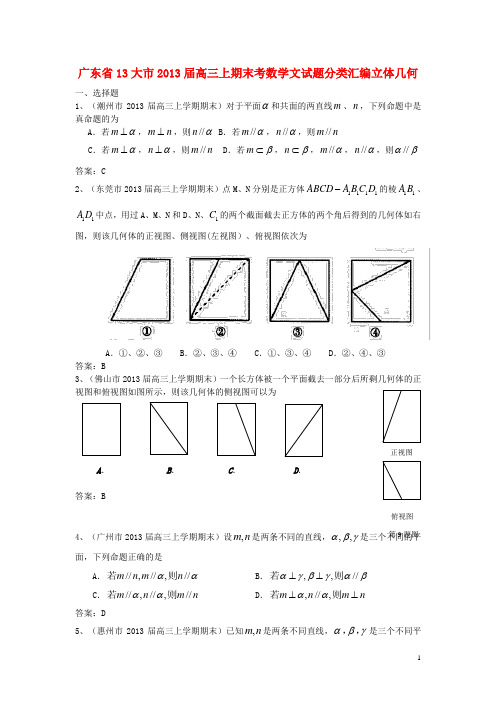 广东省13大市高中数学上学期期末试题分类汇编 立体几何 文