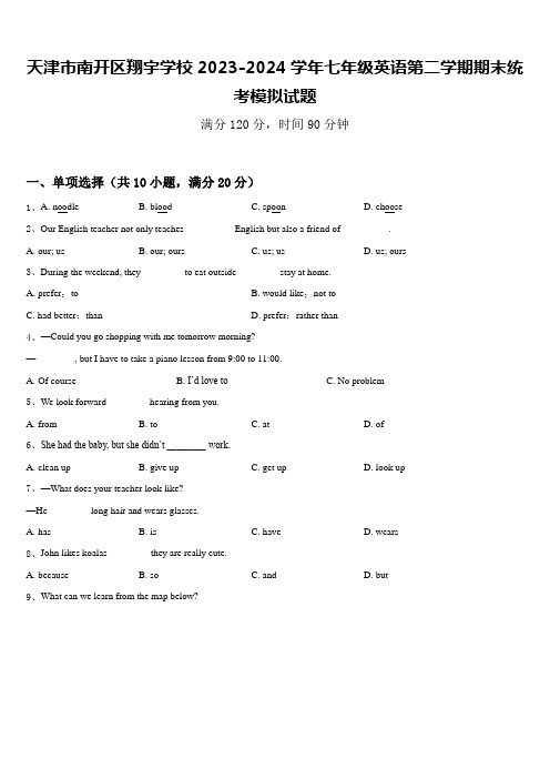 天津市南开区翔宇学校2023-2024学年七年级英语第二学期期末统考模拟试题含答案