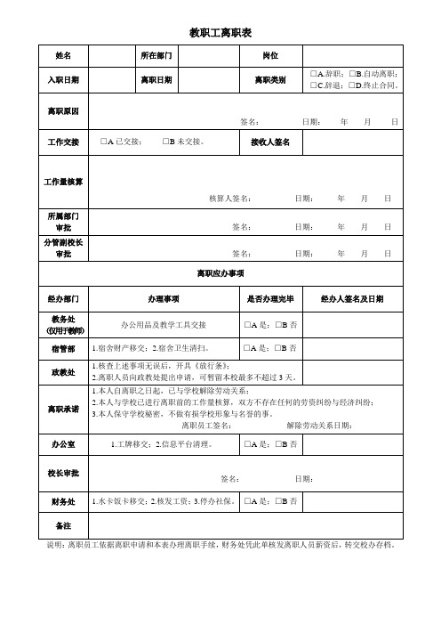 学校教职工离职表