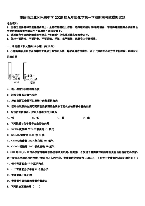 重庆市江北区巴蜀中学2025届九年级化学第一学期期末考试模拟试题含解析