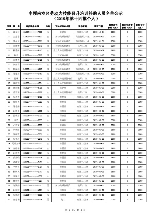 申领南沙区劳动力技能晋升培训补贴人员名单公示(2019年