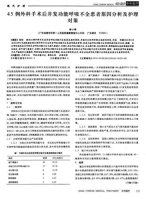 45例外科手术后并发功能呼吸不全患者原因分析及护理对策