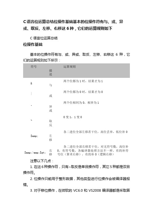 C语言位运算总结位操作基础基本的位操作符有与、或、异或、取反、左移、右移这6种，它们的运算规则如下