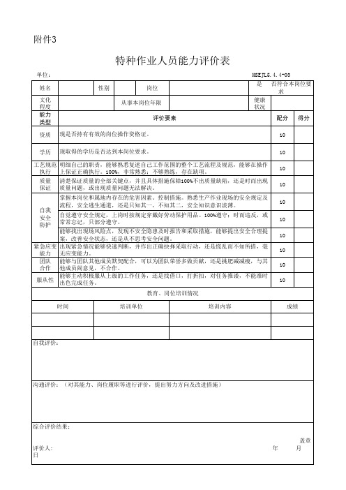 特种作业人员能力评价表