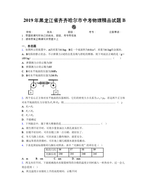 2019年黑龙江省齐齐哈尔市中考物理精品试题B卷附解析