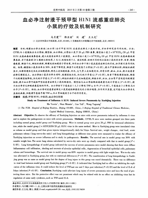 血必净注射液干预甲型H1N1流感重症肺炎小鼠的疗效及机制研究