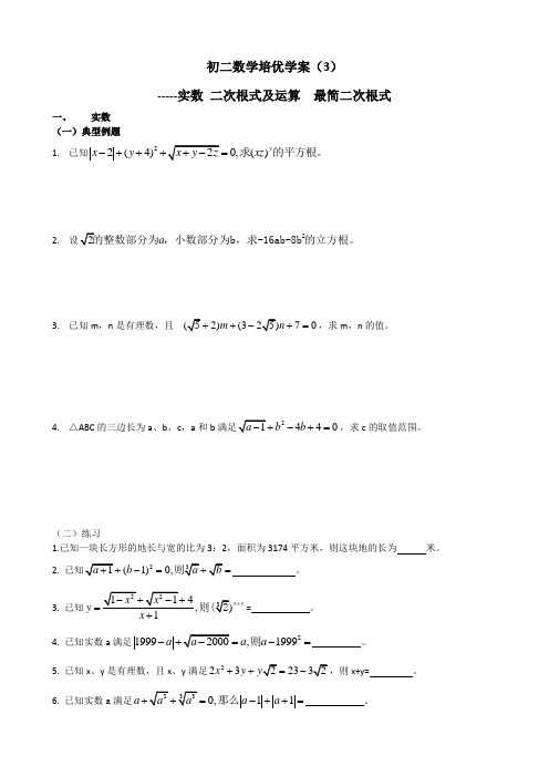 初二数学培优学案3实数 二次根式及运算  最简二次根式