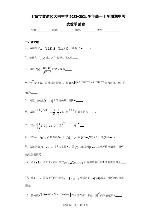 上海市黄浦区大同中学2023-2024学年高一上学期期中考试数学试卷